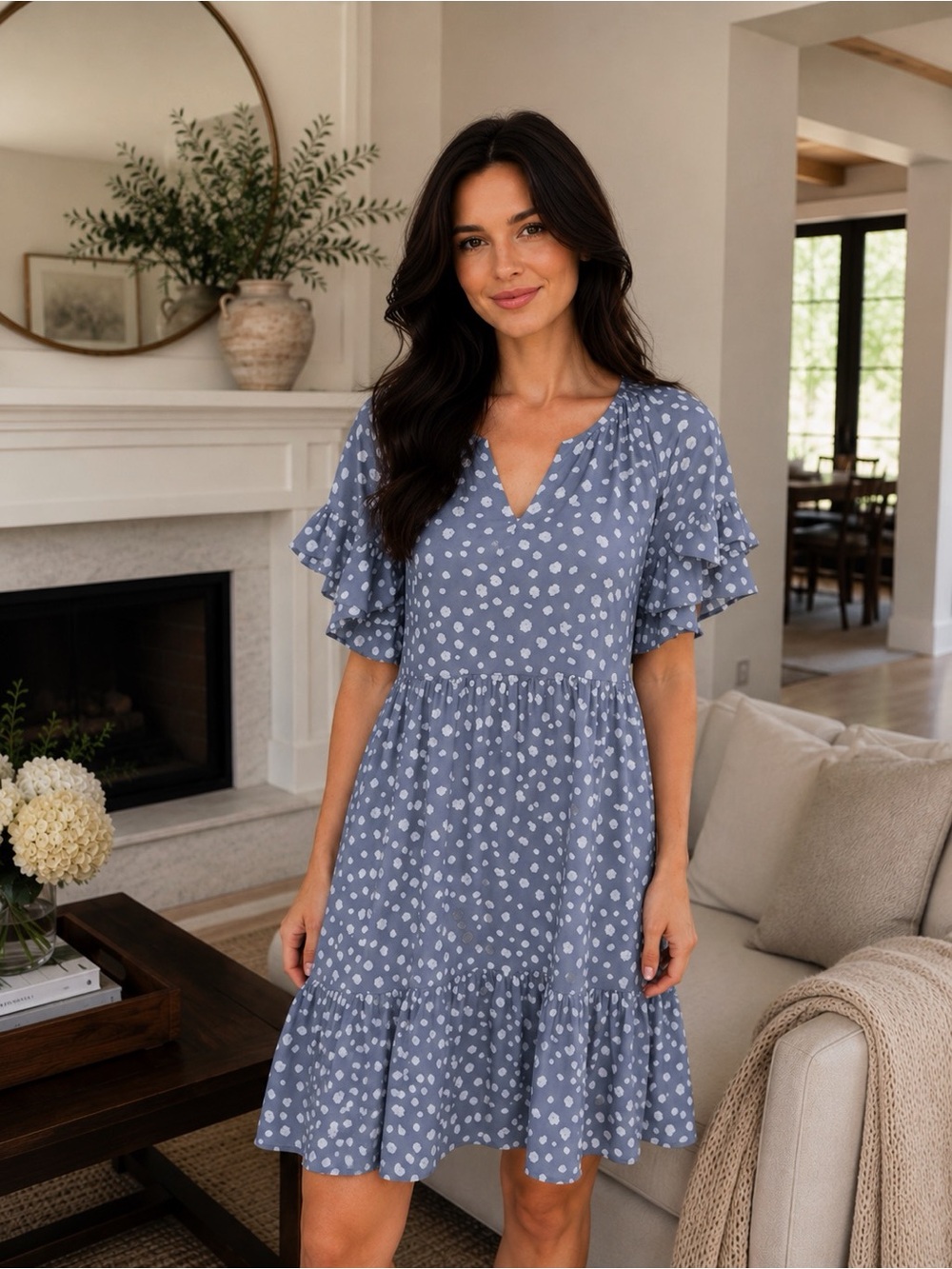 Umgee Blue White Dalmatian Polka Dot Tiered Dress